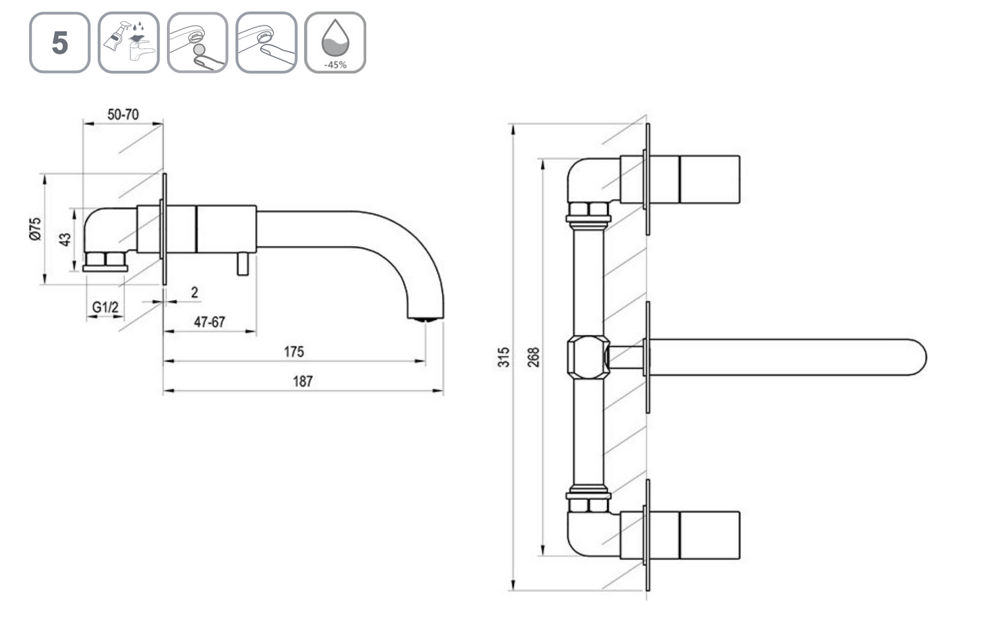 Espirit Inbouw wastafelkraan, 3-gats installatie, met behuizing, geborsteld grafiet