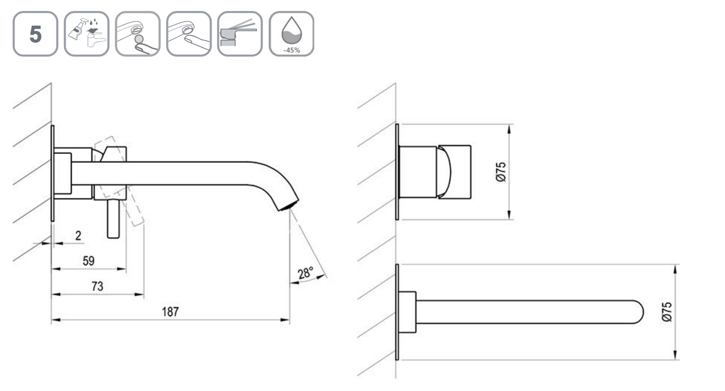 Espirit inbouw wastafelkraan chrome technische tekening