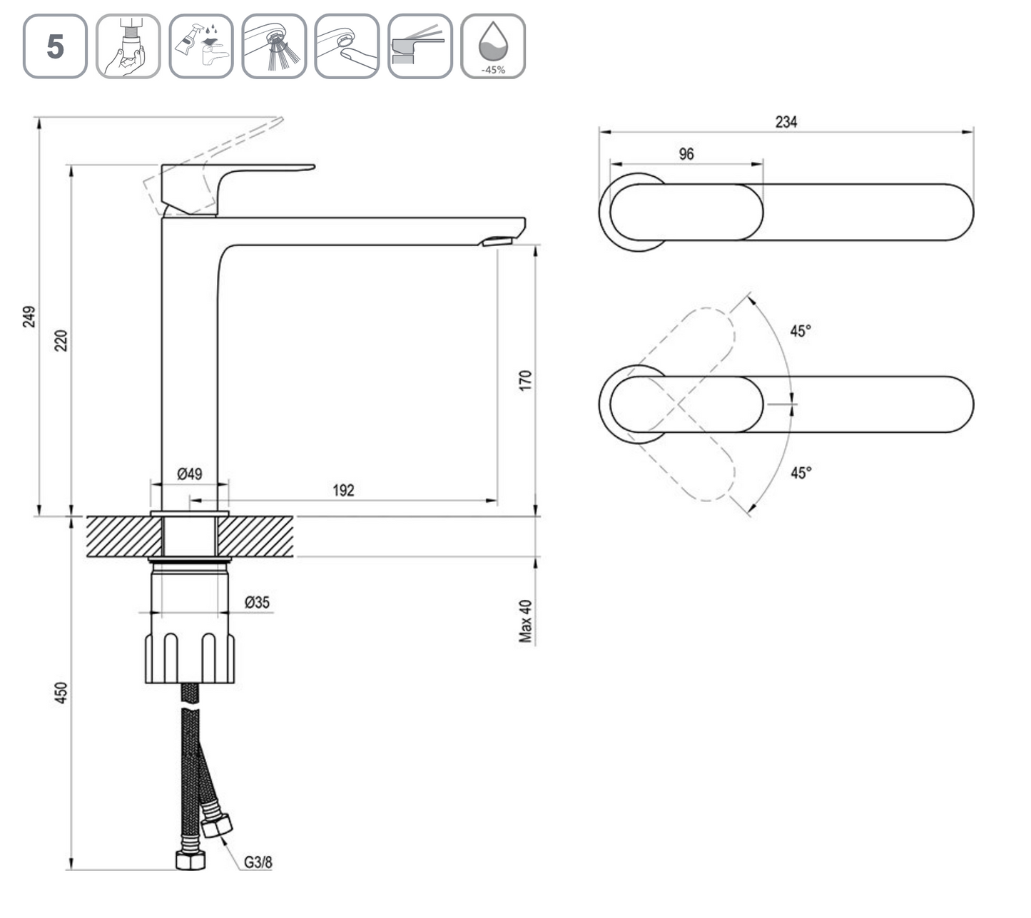 Eleganta wastafelkraan geborsteld rosegoud 220mm technische tekening