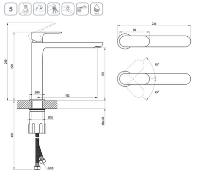 Eleganta wastafelkraan geborsteld rosegoud 220mm technische tekening