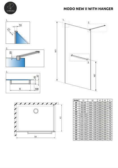 Glazen douchewand modo new II goud met handdoekrek technische tekening