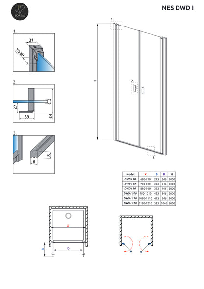 Douchedeur Nes Black DWD I Frame technische tekening