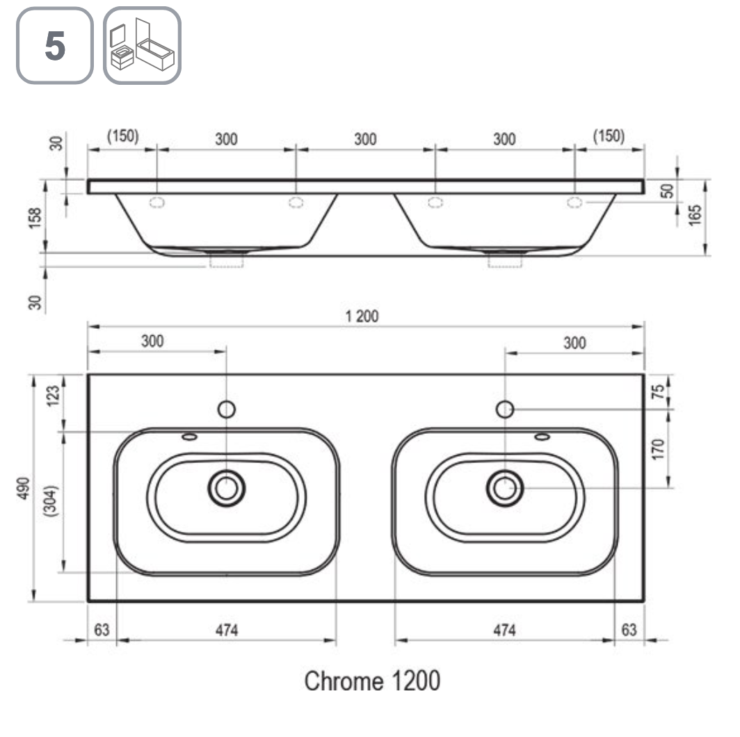 Chrome 1200 dubbele Wastafel