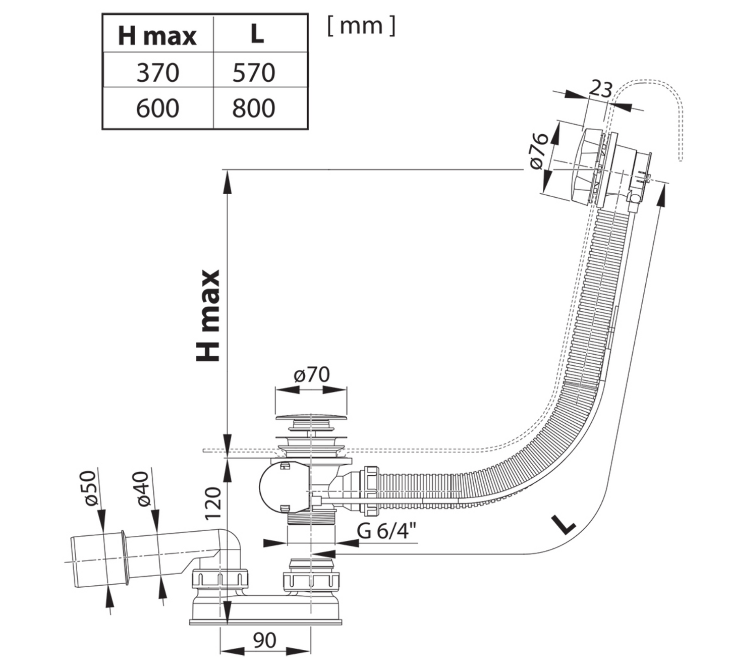 Badafvoerset met overloop, lengte 800 mm, Glanzend chroom, Click-Clack bediening.