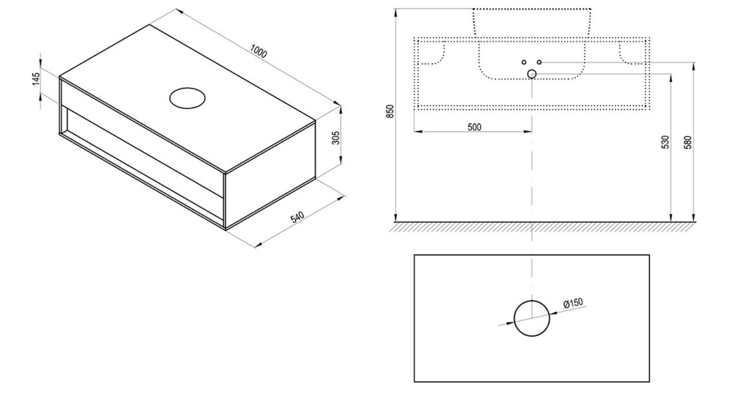 Opstapelkast wit voor wastafel technische tekening