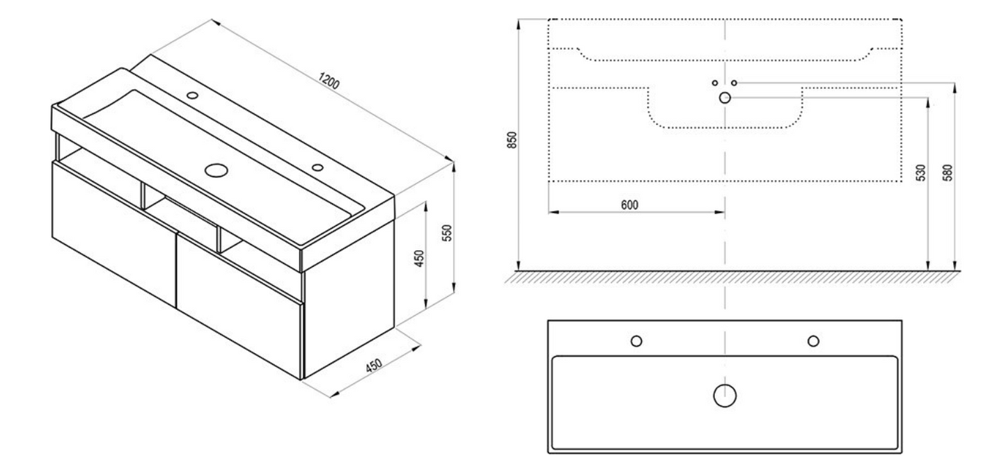 Natural 1200 Wastafelmeubel onderkast technische tekening