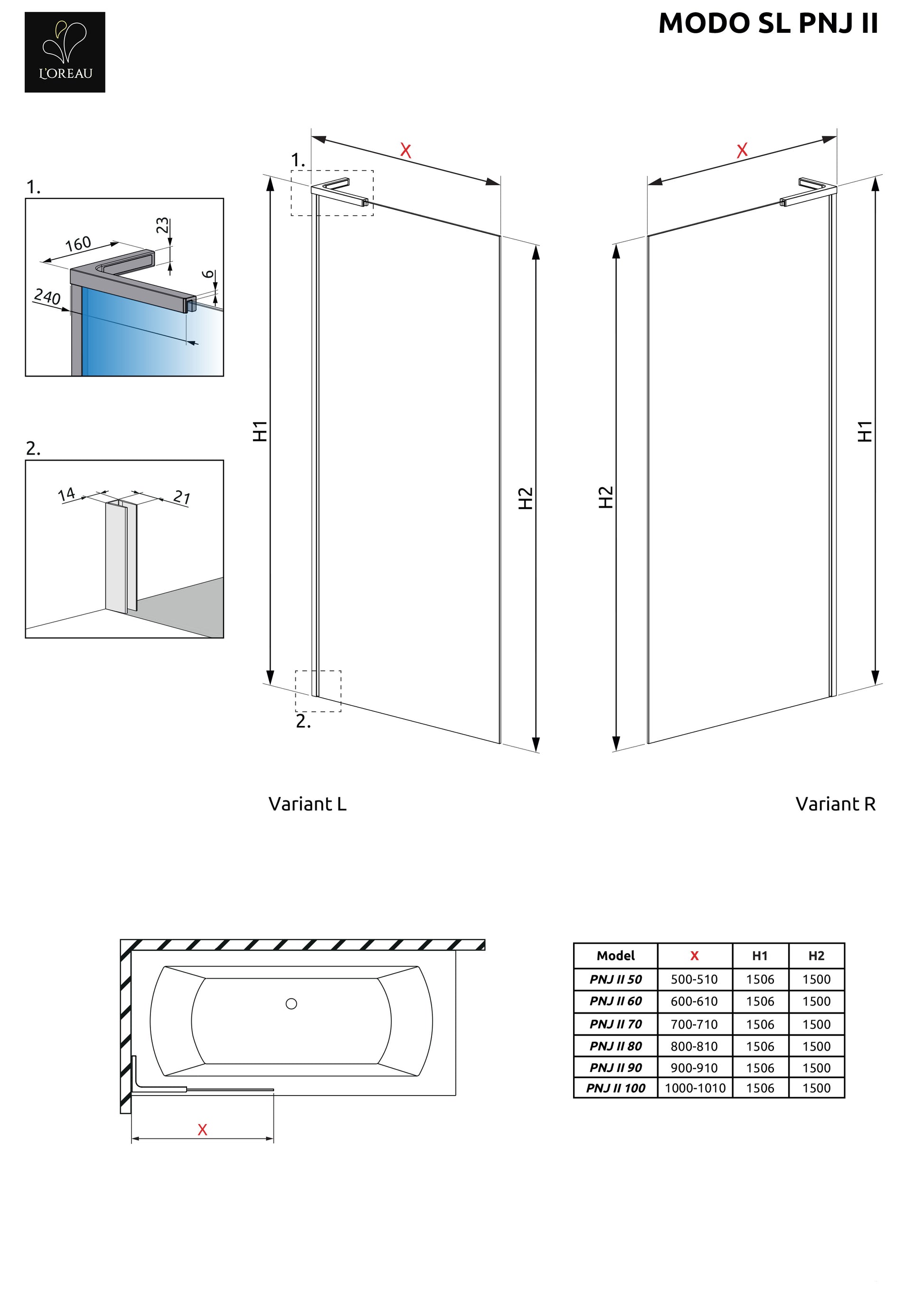 Glazen douchewand modo sl II goud technische tekening