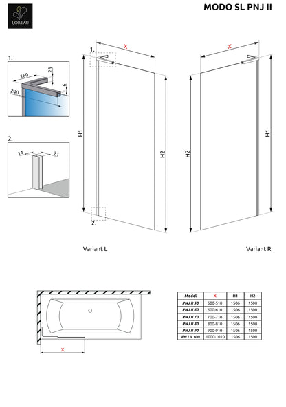 Glazen douchewand modo sl II goud technische tekening