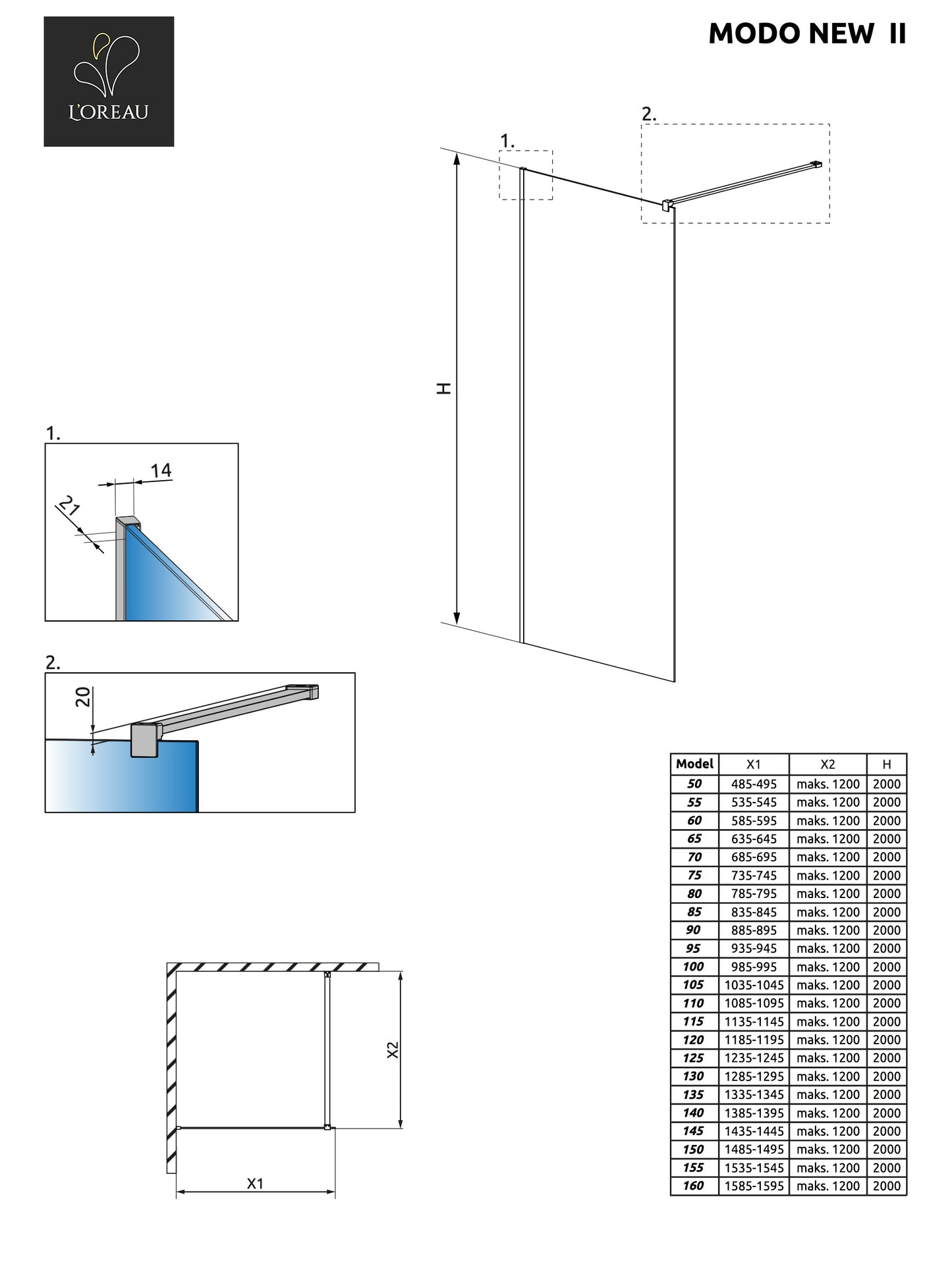 Glazen douchewand modo new II geborsteld koper technische tekening