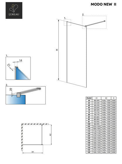 Glazen douchewand modo new II geborsteld koper technische tekening