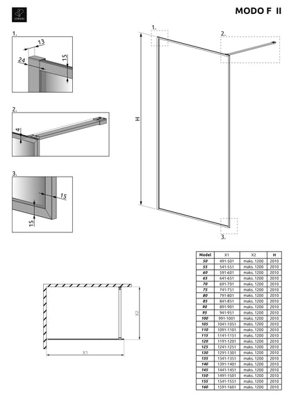 Modo F II zwart glazen douchewand technische tekening