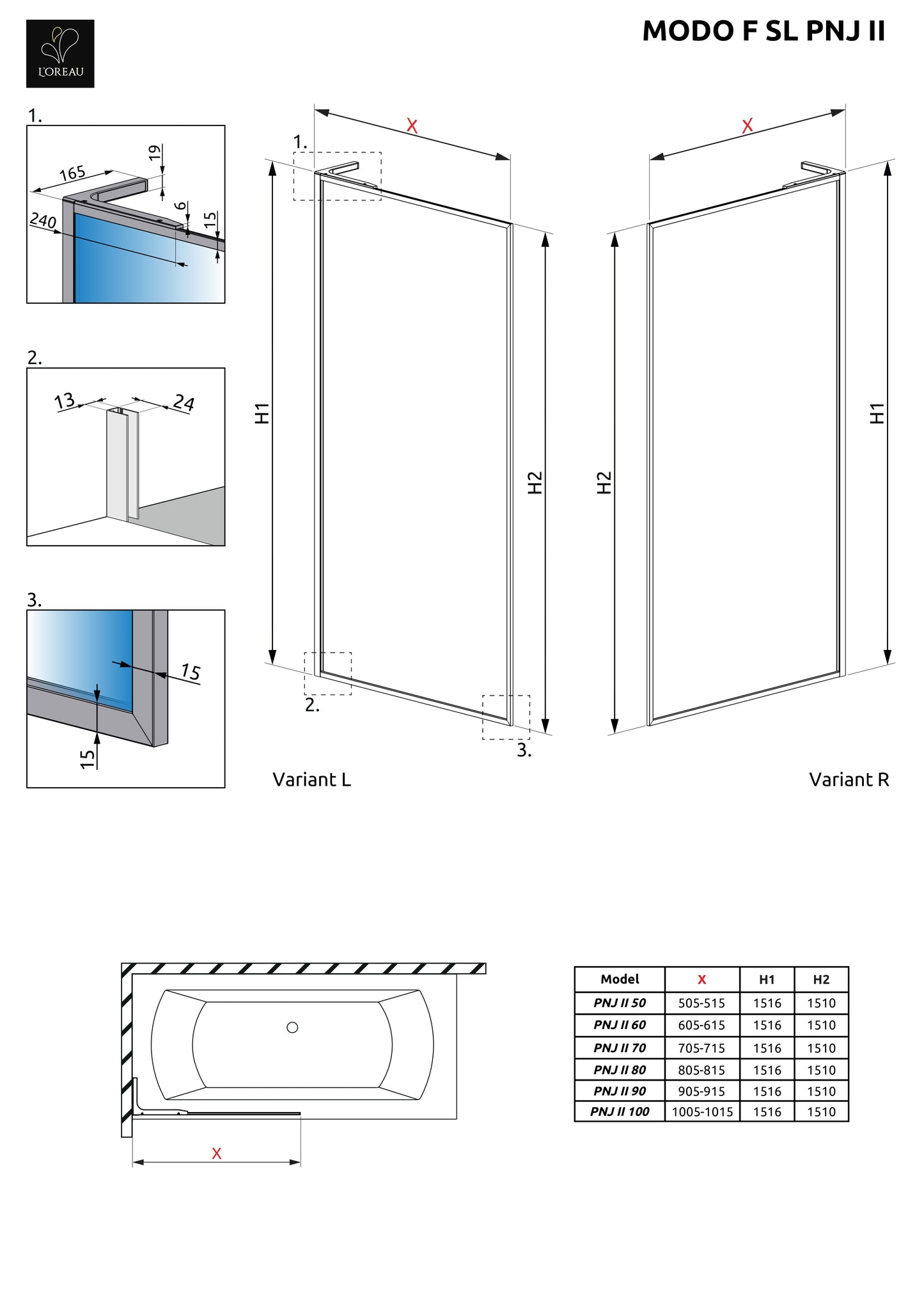 Modo F SL PNJ II badscherm technische tekening